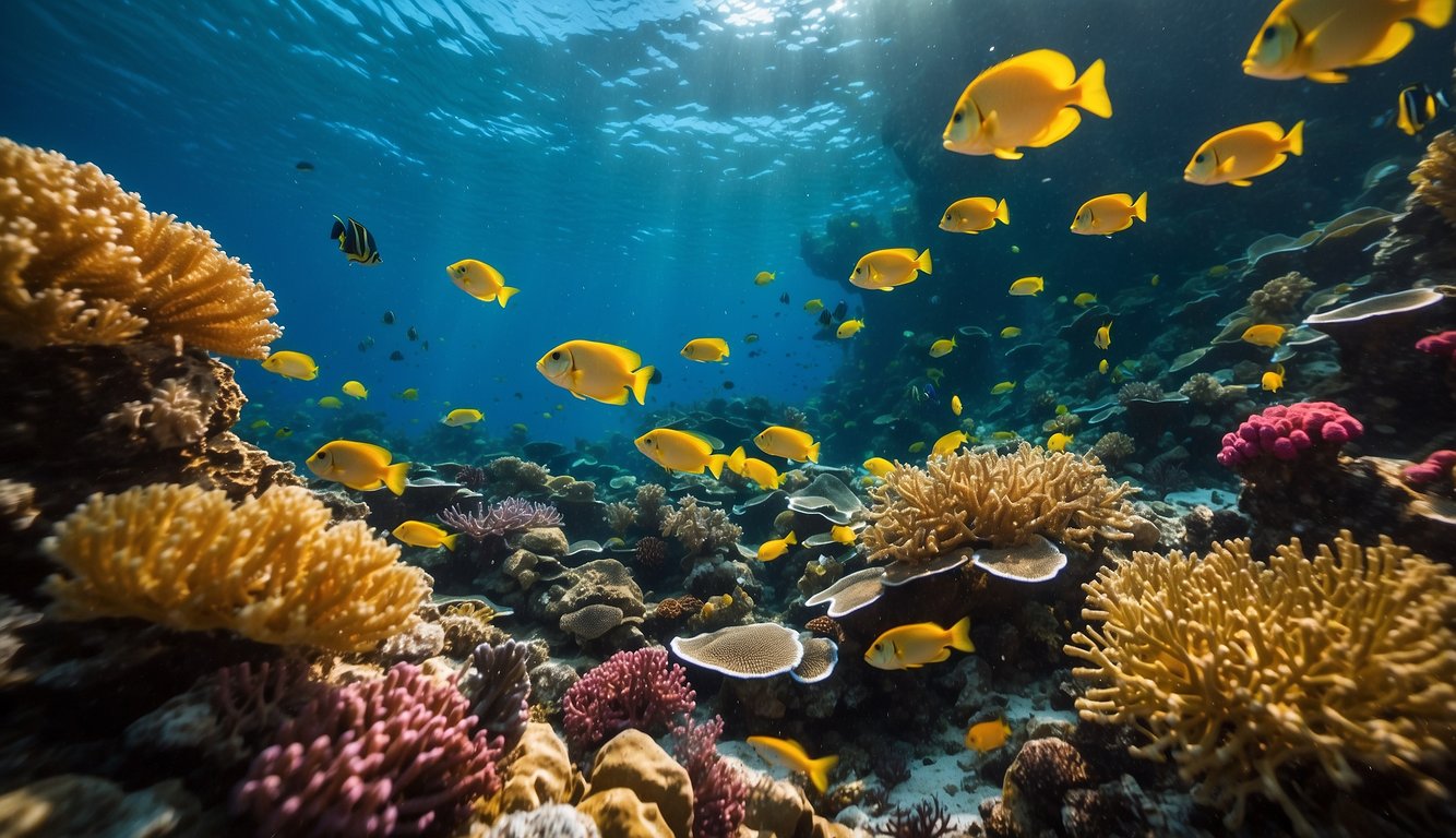 A colorful coral reef teeming with life, including lobsters nestled among the intricate formations.

The vibrant underwater world is a testament to successful conservation efforts