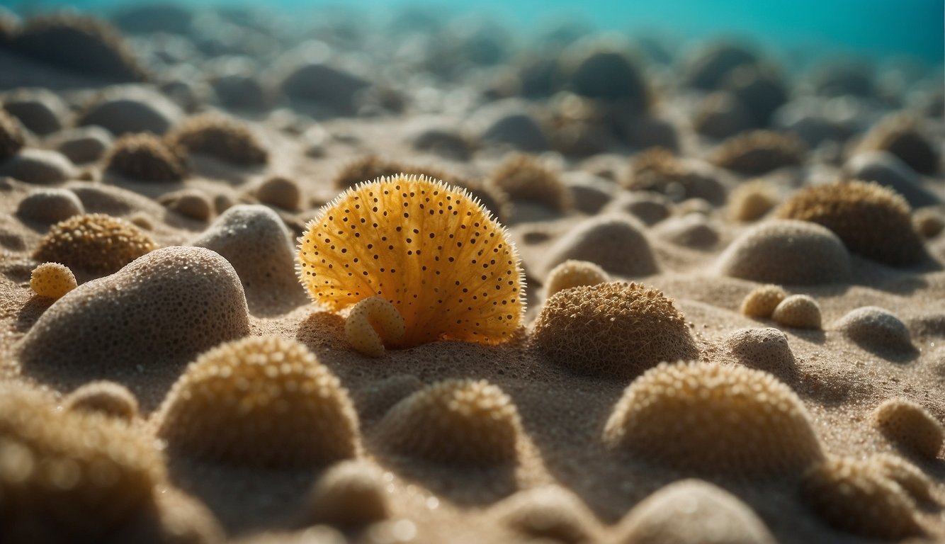 Acorn worms burrow in sandy ocean floor, surrounded by colorful sea stars.

Sunlight filters through the water, casting a soft glow on the peculiar creatures