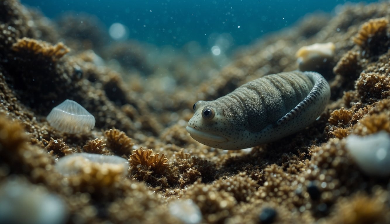 Acorn worms burrow in ocean sediment, surrounded by discarded plastic and fishing nets.

Sea stars struggle to navigate through the polluted waters