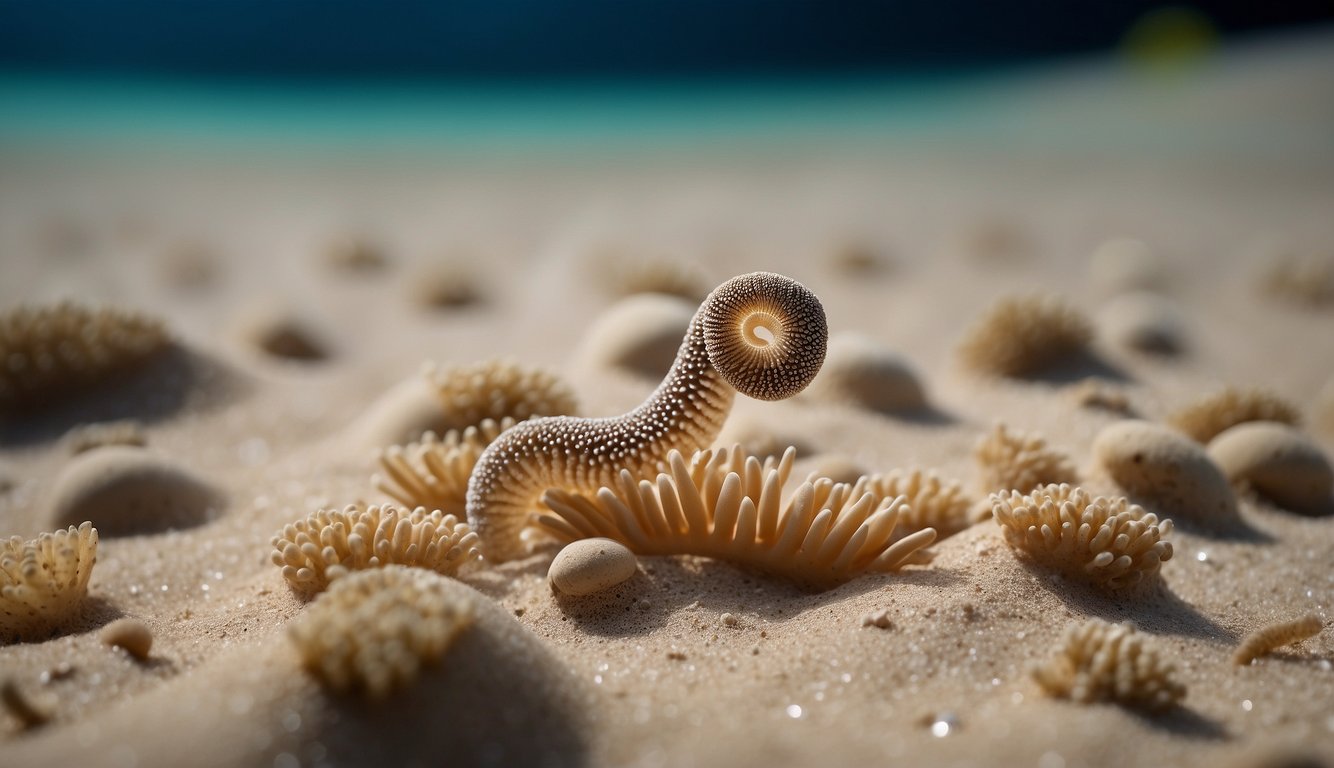 An acorn worm burrows into sandy ocean floor, surrounded by sea stars and other marine life