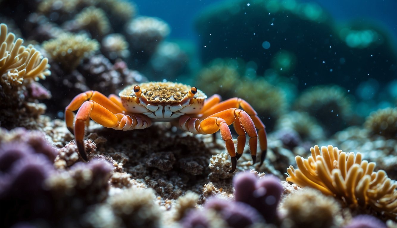 A group of coral crabs scuttle along the vibrant reef, their colorful shells blending in with the surrounding coral.

They stand guard, protecting their home from predators and ensuring the health of the delicate ecosystem