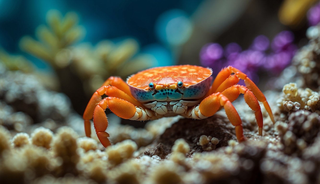 A group of colorful coral crabs scuttle among the vibrant coral, diligently tending to the delicate structures and defending against intruders