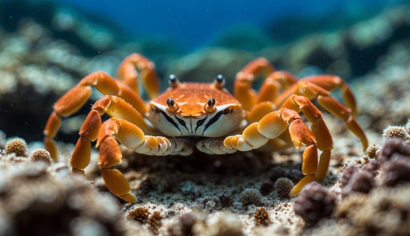 A group of coral crabs stand guard on the vibrant reef, defending against threats from predators and environmental changes.

The crabs are positioned strategically, ready to defend their home