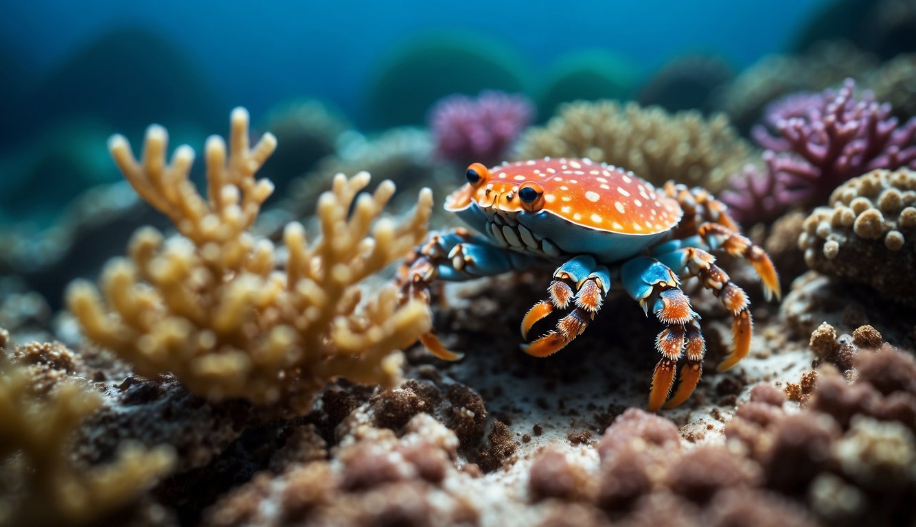 A group of colorful coral crabs scuttle across the vibrant coral reef, their tiny claws gripping the intricate formations as they diligently fulfill their role as guardians of the underwater ecosystem