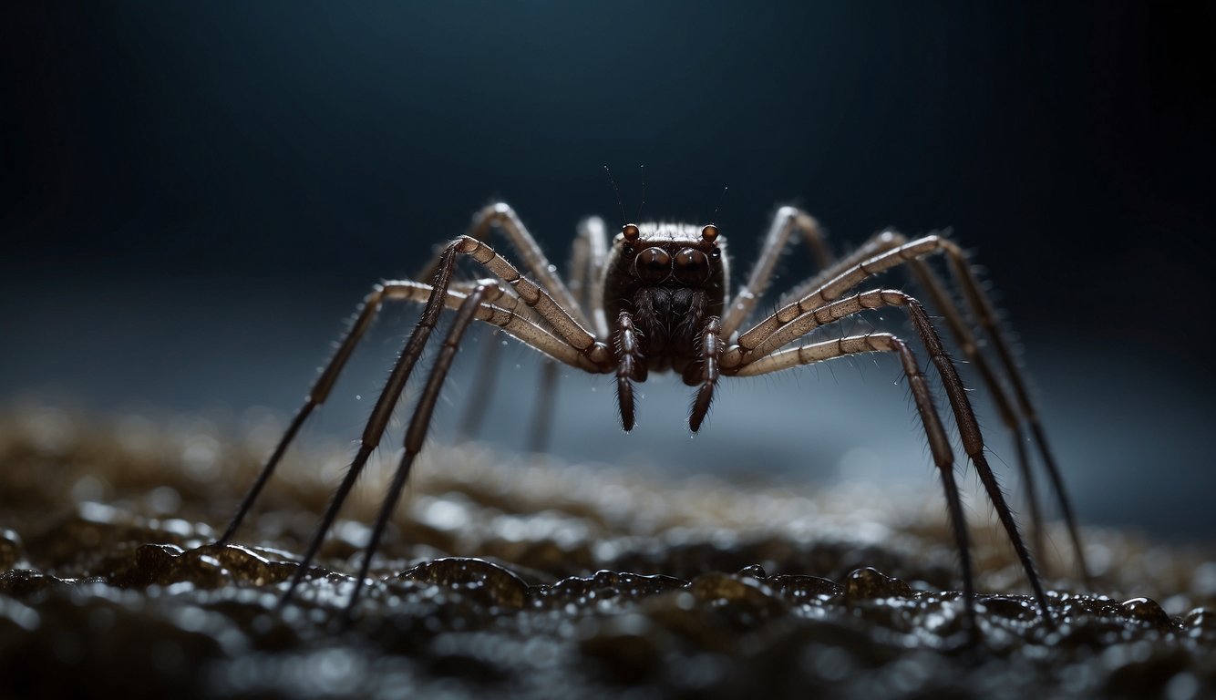 A whip spider emerges from the dark depths of the ocean, its long, thin legs and whip-like antennae creating an eerie silhouette against the murky background