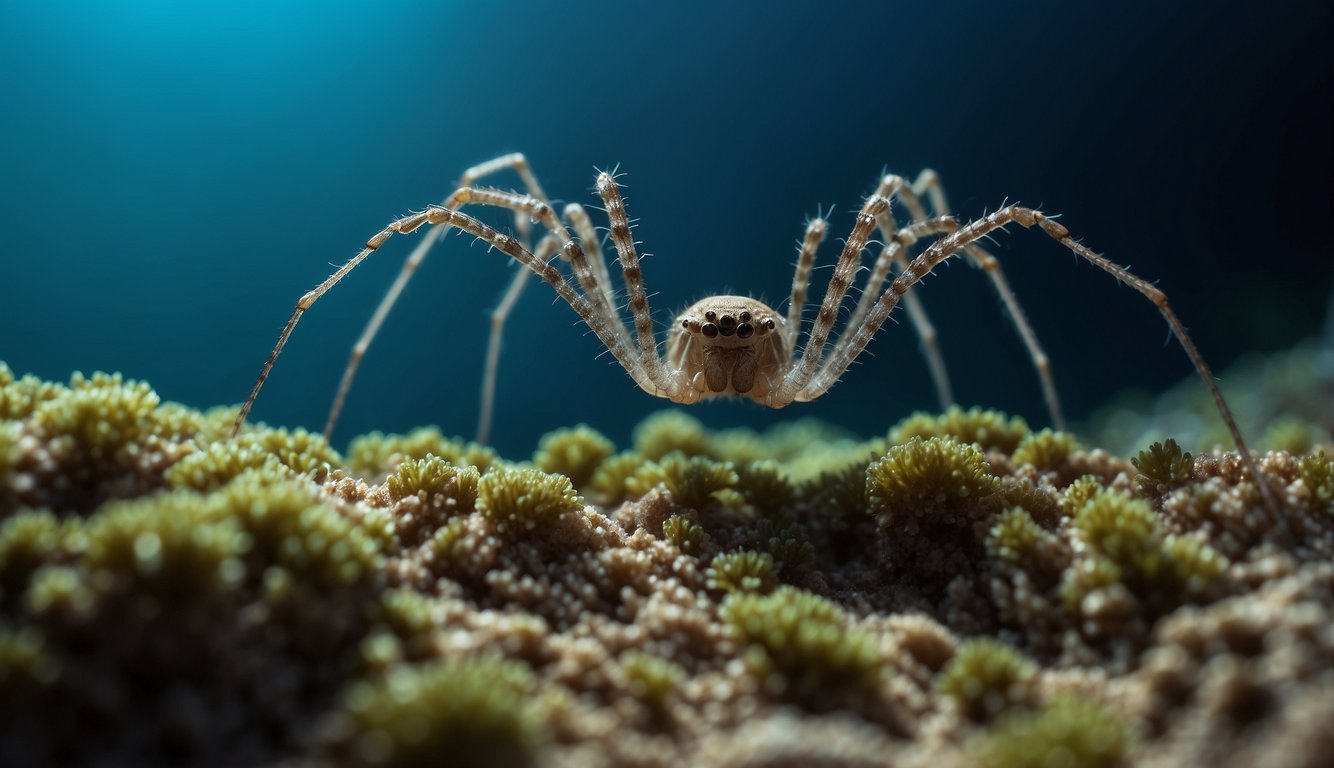 Whip spiders scuttle among coral and seaweed, their long, spindly legs navigating the ocean floor.

They blend in with their surroundings, their delicate bodies a testament to the beauty and diversity of marine life