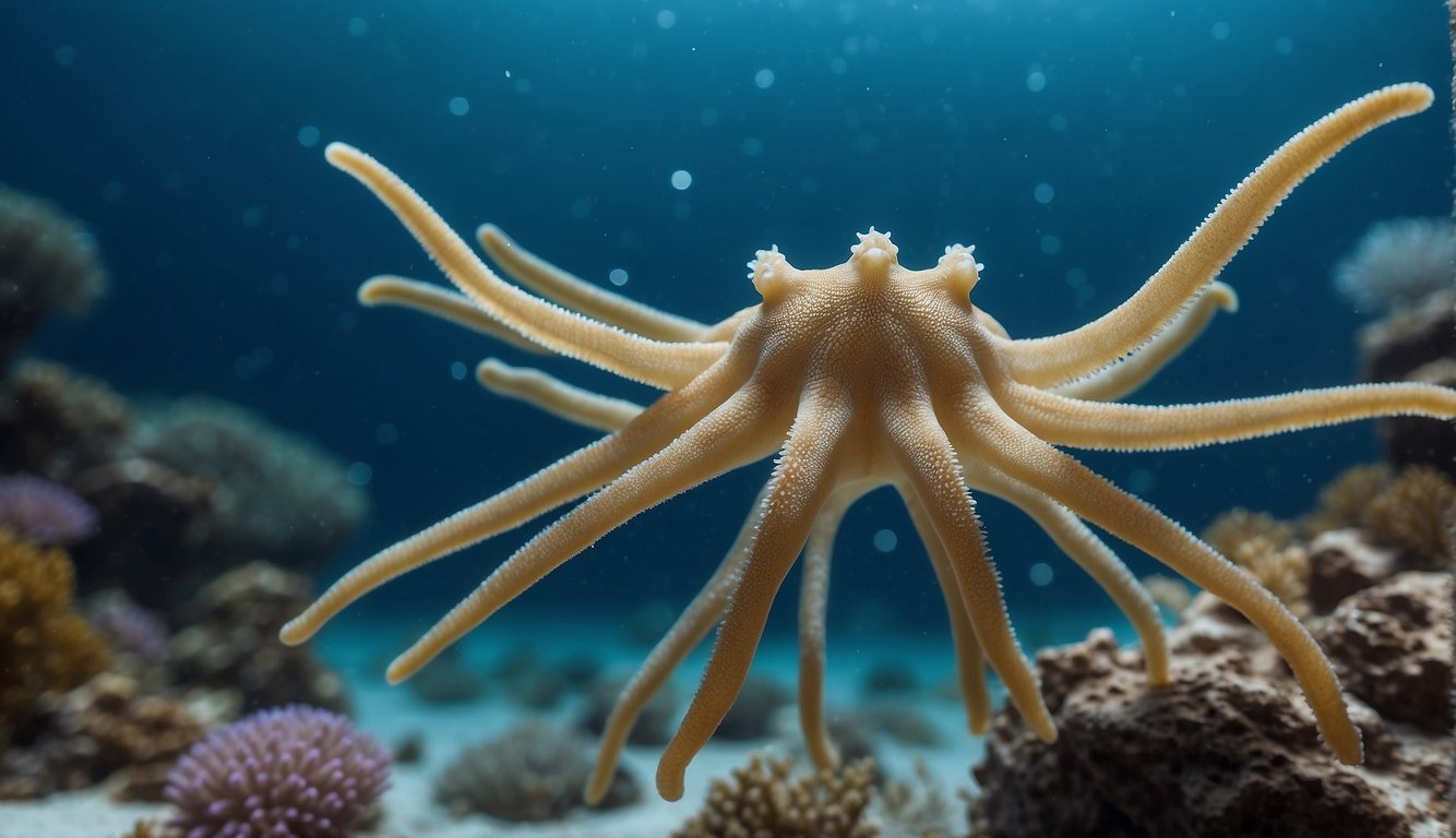 Brittle stars dance among coral, their delicate arms swaying gracefully in the gentle ocean current