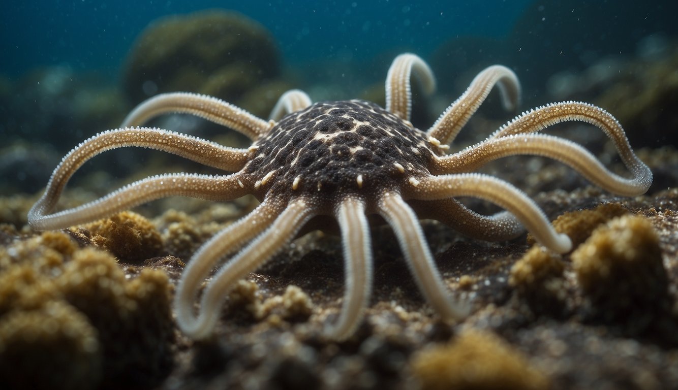 A brittle star clings to a rocky seabed, its slender arms gracefully twisting and curling as it moves across the ocean floor