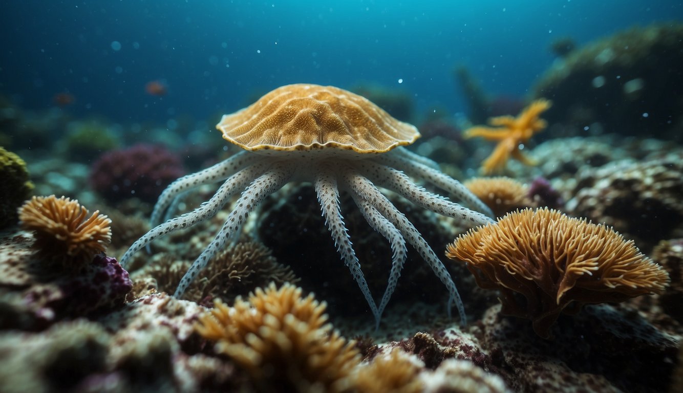A diverse ecosystem teeming with colorful marine life, with brittle stars gracefully moving across the ocean floor, their delicate arms swaying in the gentle currents