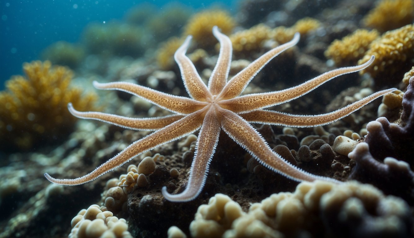 Brittle stars scattered across ocean floor, delicate arms reaching out, vibrant colors and intricate patterns, surrounded by coral and sea plants