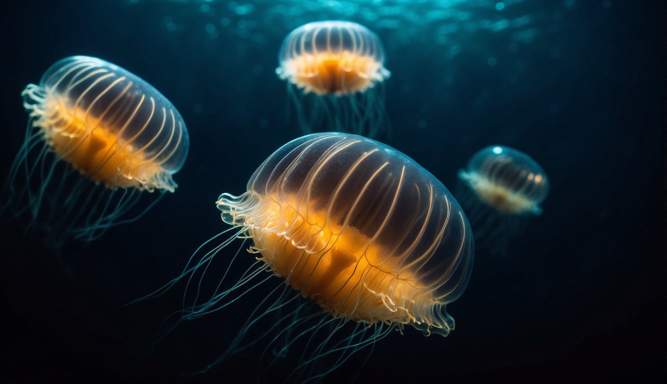 Comb jellies float gracefully in the dark, bioluminescent waters, their translucent bodies shimmering with iridescent colors as they move in a mesmerizing dance