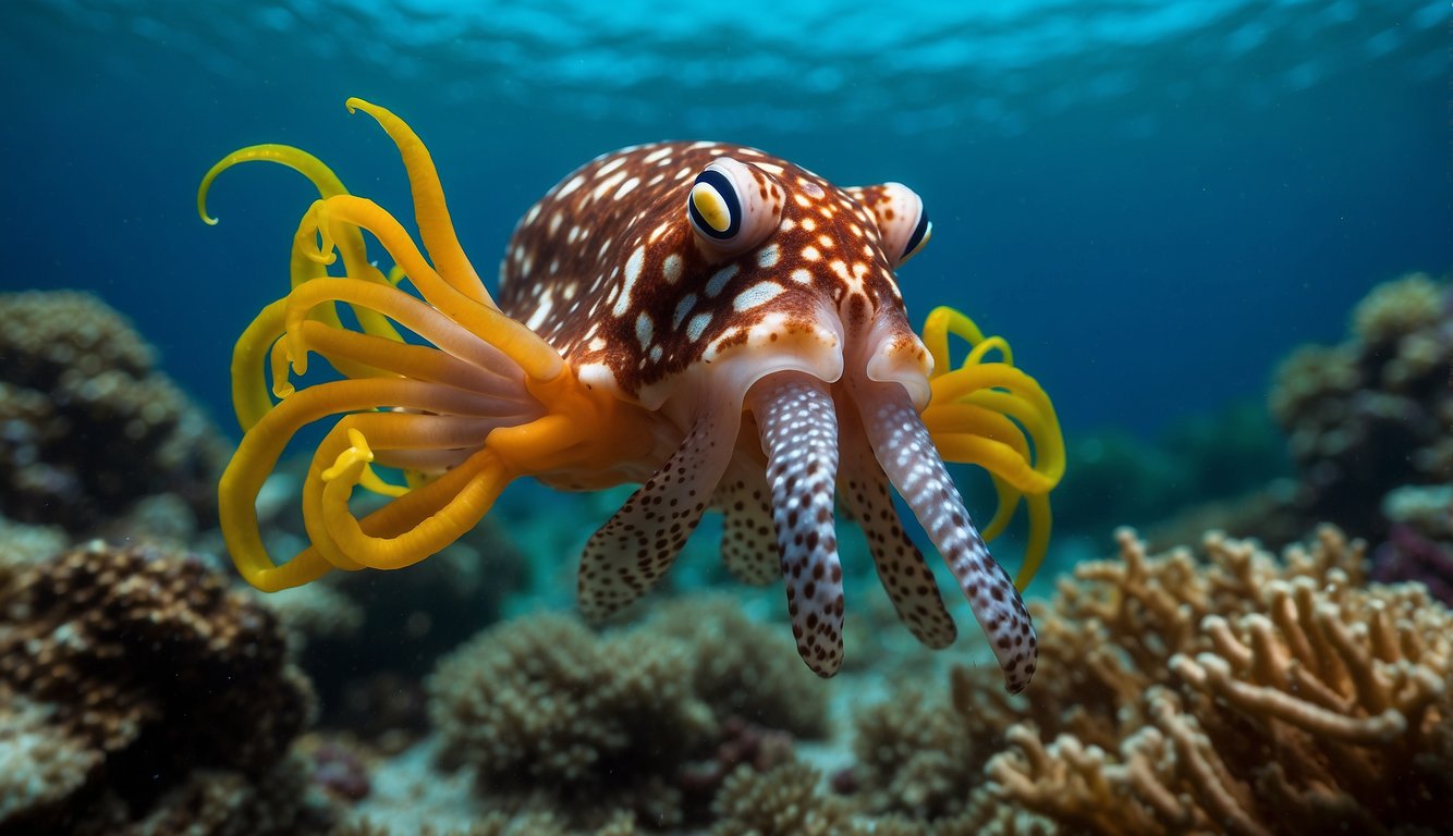 The Flamboyant Cuttlefish hovers above the ocean floor, its vibrant colors blending seamlessly with the coral and seaweed.

Its tentacles sway gently in the current as it surveys its surroundings, ready to transform at a moment's notice