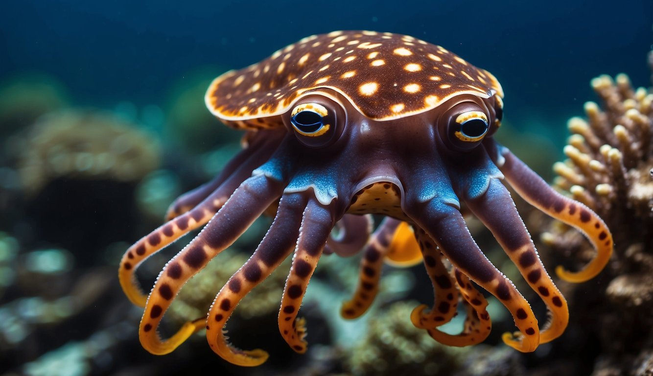 The flamboyant cuttlefish blends into the vibrant coral reef, its colorful body mimicking the surrounding environment.

Its tentacles sway gracefully as it moves, perfectly camouflaged in its underwater world