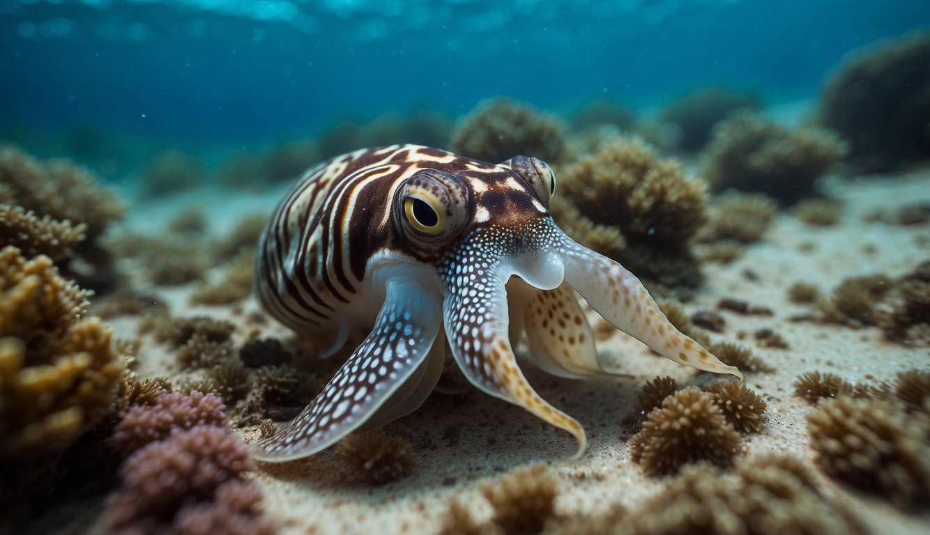 The flamboyant cuttlefish prowls the ocean floor, blending seamlessly with its surroundings.

Its vibrant colors and undulating movements mesmerize its prey before it strikes with lightning speed