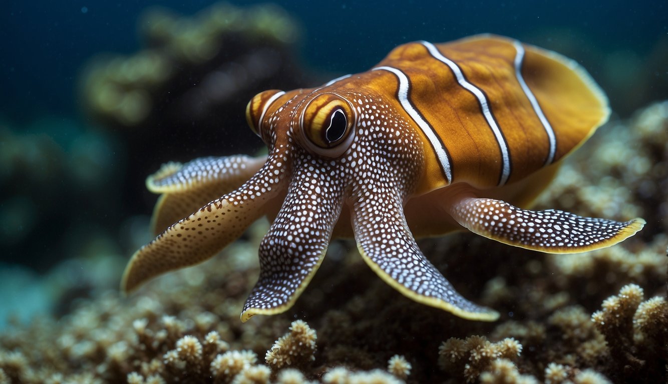 The flamboyant cuttlefish changes color and shape to blend into its underwater environment, showcasing its mastery of disguise and adaptation for survival