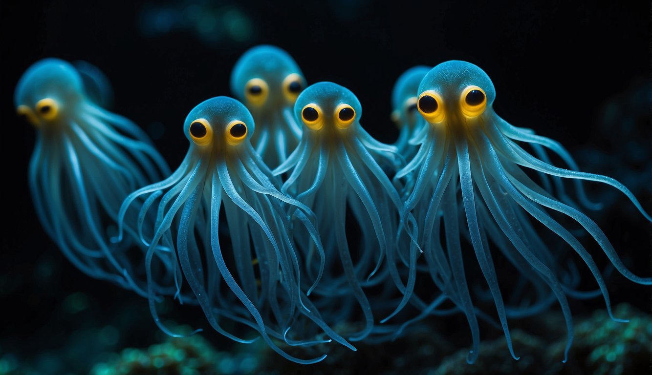 A school of bioluminescent squids glides through the dark, watery depths, their tentacles trailing behind them like ghostly tendrils