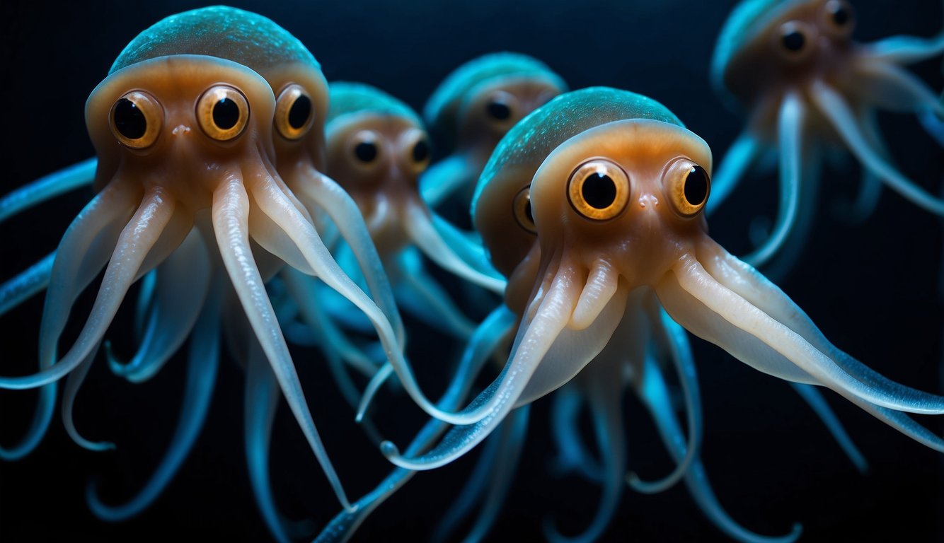A group of deep-sea squids hovers in the dark abyss, their bioluminescent bodies casting an eerie glow as they hunt for prey in the depths