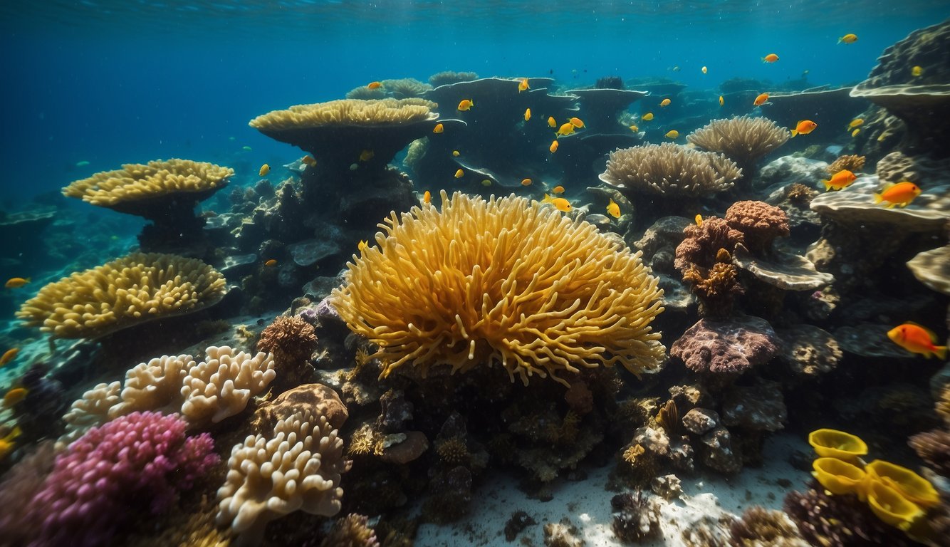 A vibrant coral reef teeming with colorful tunicates of various shapes and sizes, nestled among swaying sea grass and surrounded by darting fish and graceful sea turtles