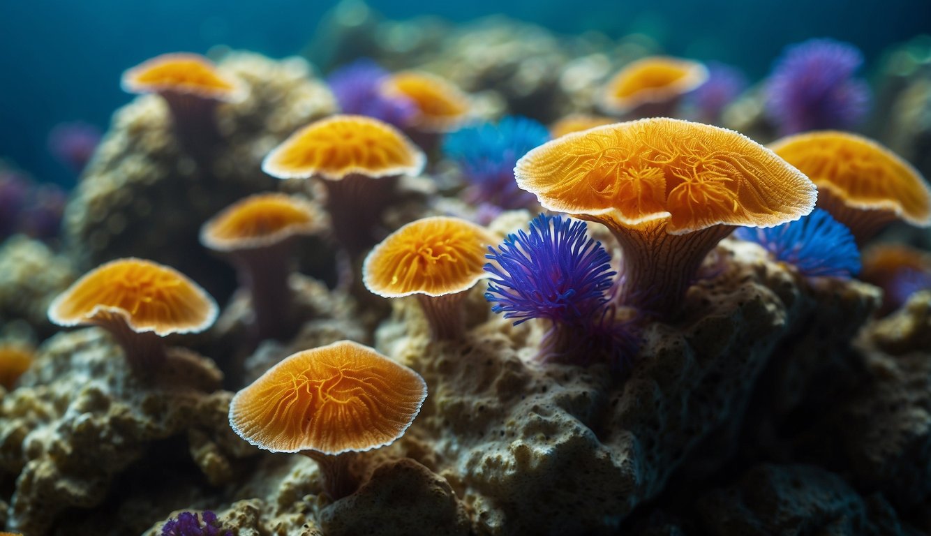 A group of tunicates forms a colorful cluster on a rocky seabed, surrounded by gently swaying seaweed and small fish darting in and out of the scene