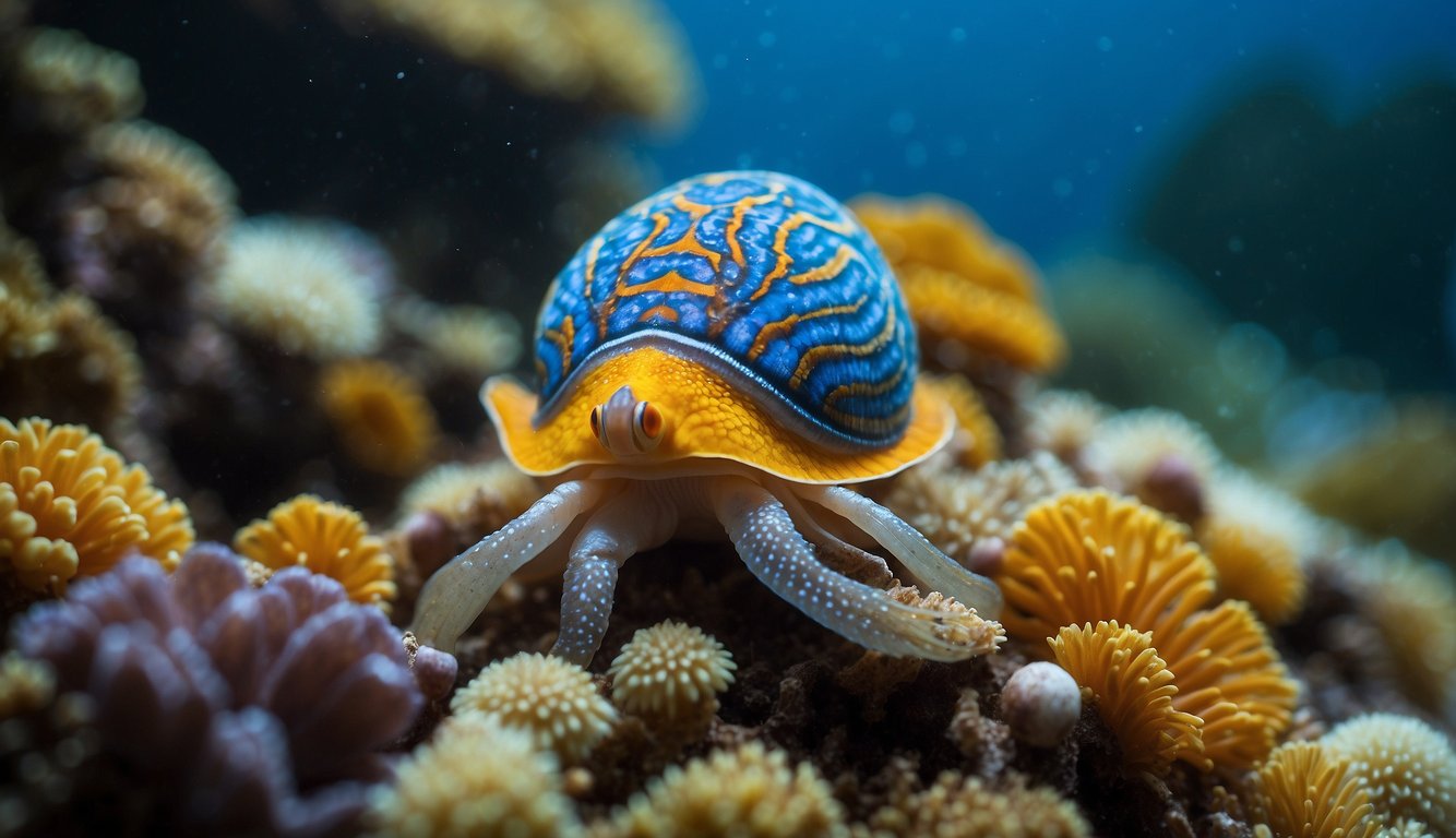 Colorful mollusks with intricate patterns and vibrant mantles cover the ocean floor, creating a mesmerizing display of natural beauty