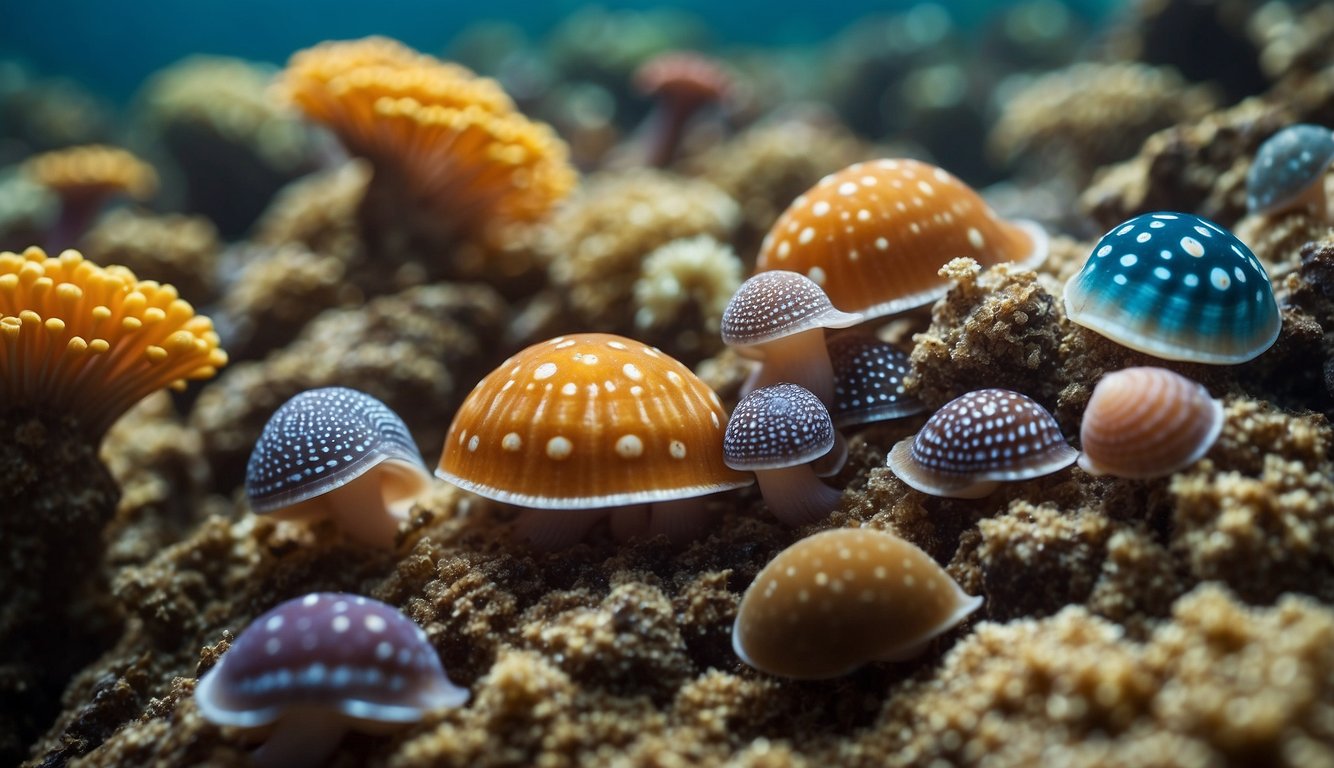 A colorful array of mollusks with vibrant, intricate mantles, ranging from snails to octopuses, adorning a rocky ocean floor