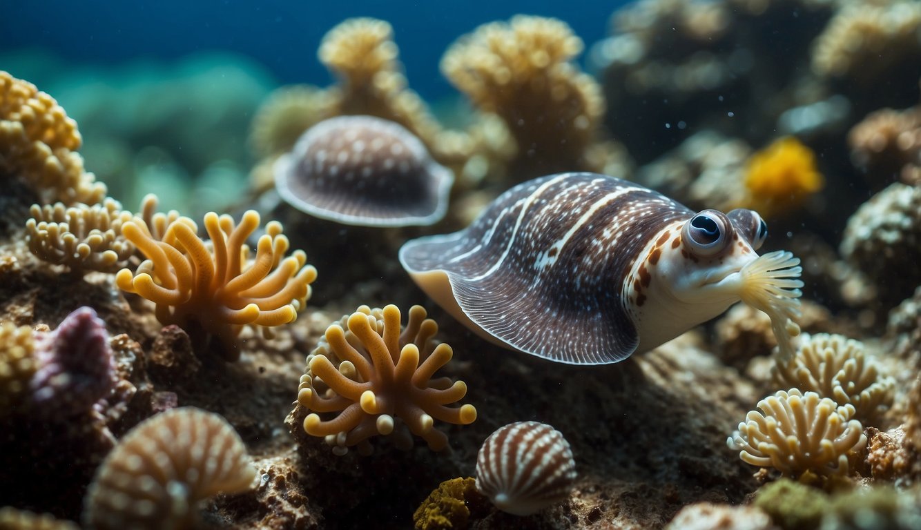 Mollusks gather in a colorful reef, displaying intricate patterns and textures on their mantles.

Some are gliding gracefully, while others are engaging in social interactions, creating a captivating display of mollusk behavior