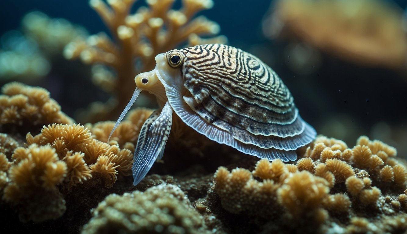 A variety of colorful mollusks with intricate and vibrant mantles, showcasing their unique patterns and textures.

The creatures are depicted in their natural underwater habitat, surrounded by coral and marine plants