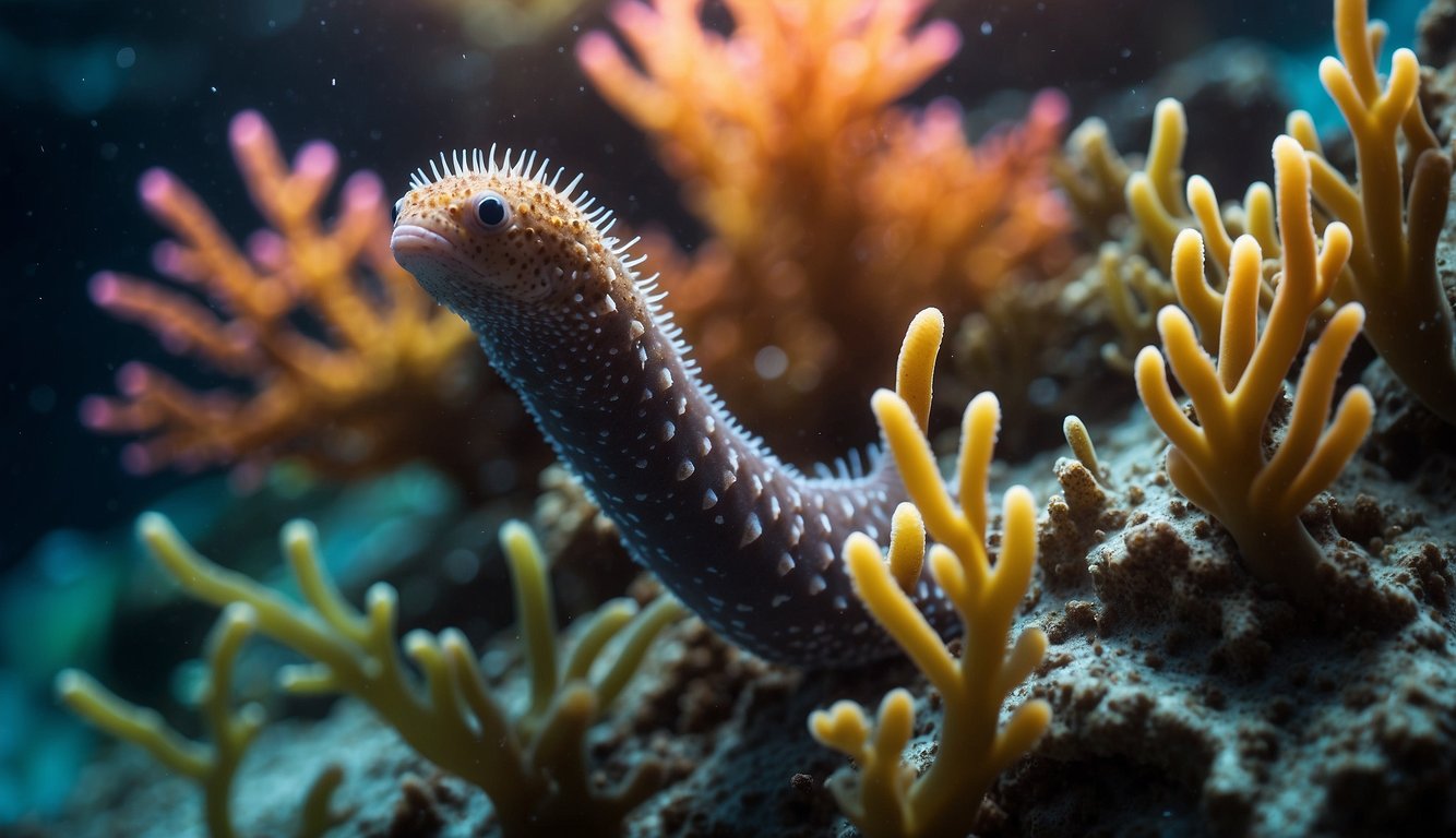A colorful sea cucumber rests on a vibrant coral reef, surrounded by swaying sea plants and curious fish.

Rays of sunlight filter through the water, illuminating the hidden world below