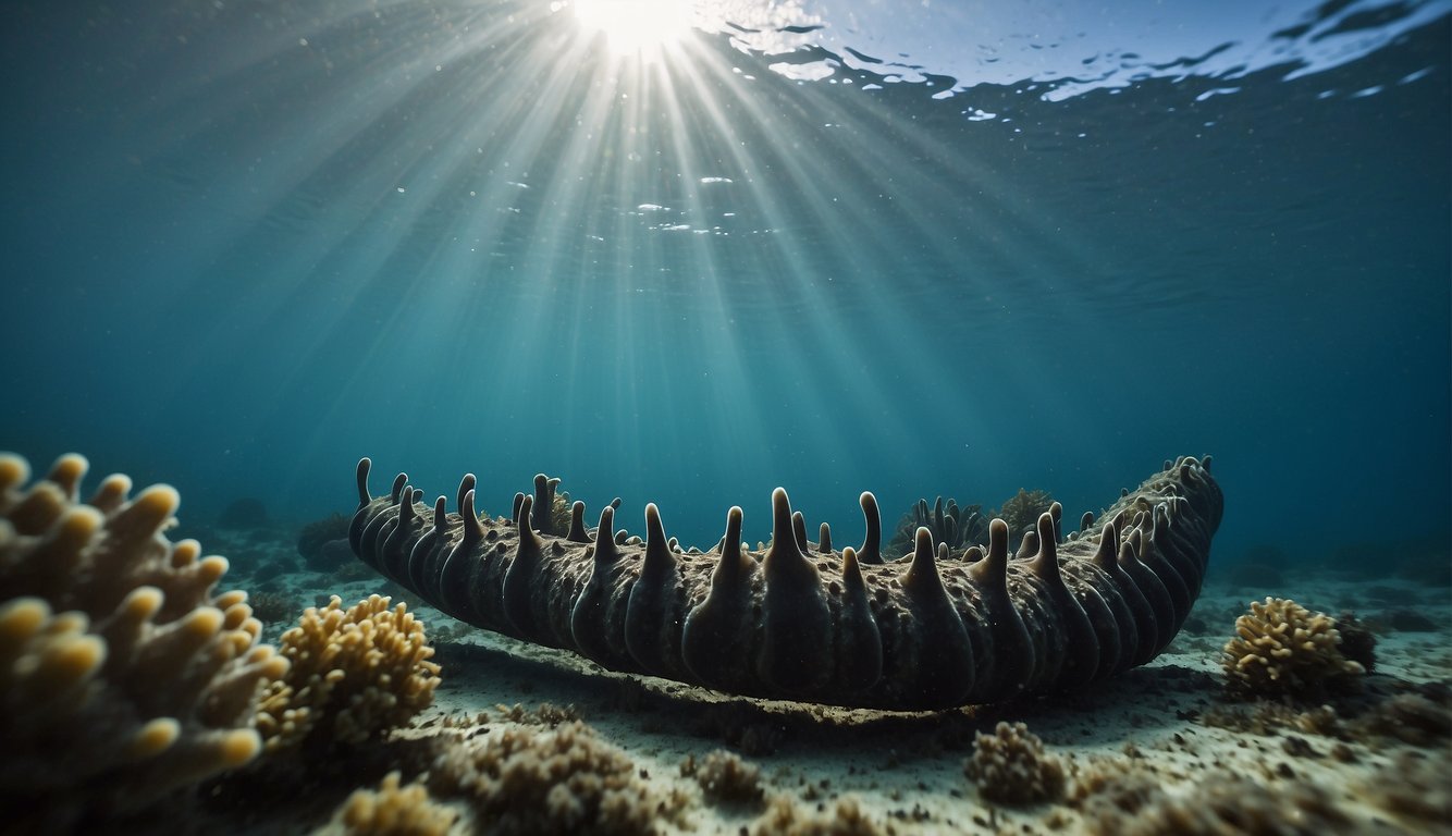 Sea cucumbers lie on the ocean floor, their elongated bodies covered in tube feet and surrounded by tentacles.

They filter feed and excrete waste through their anus, blending into the underwater landscape