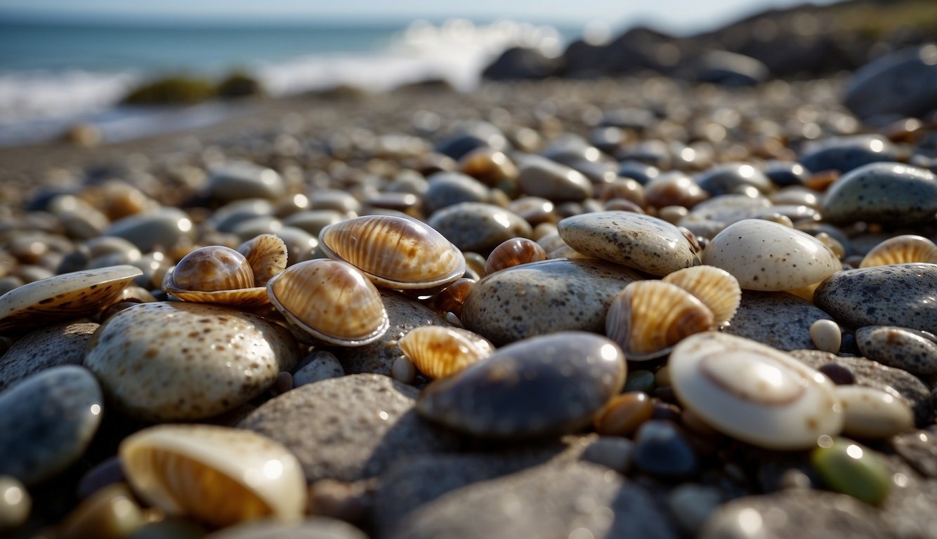 Limpets and chitons cling to a rocky shore, their shells blending with the rugged surface as waves crash around them