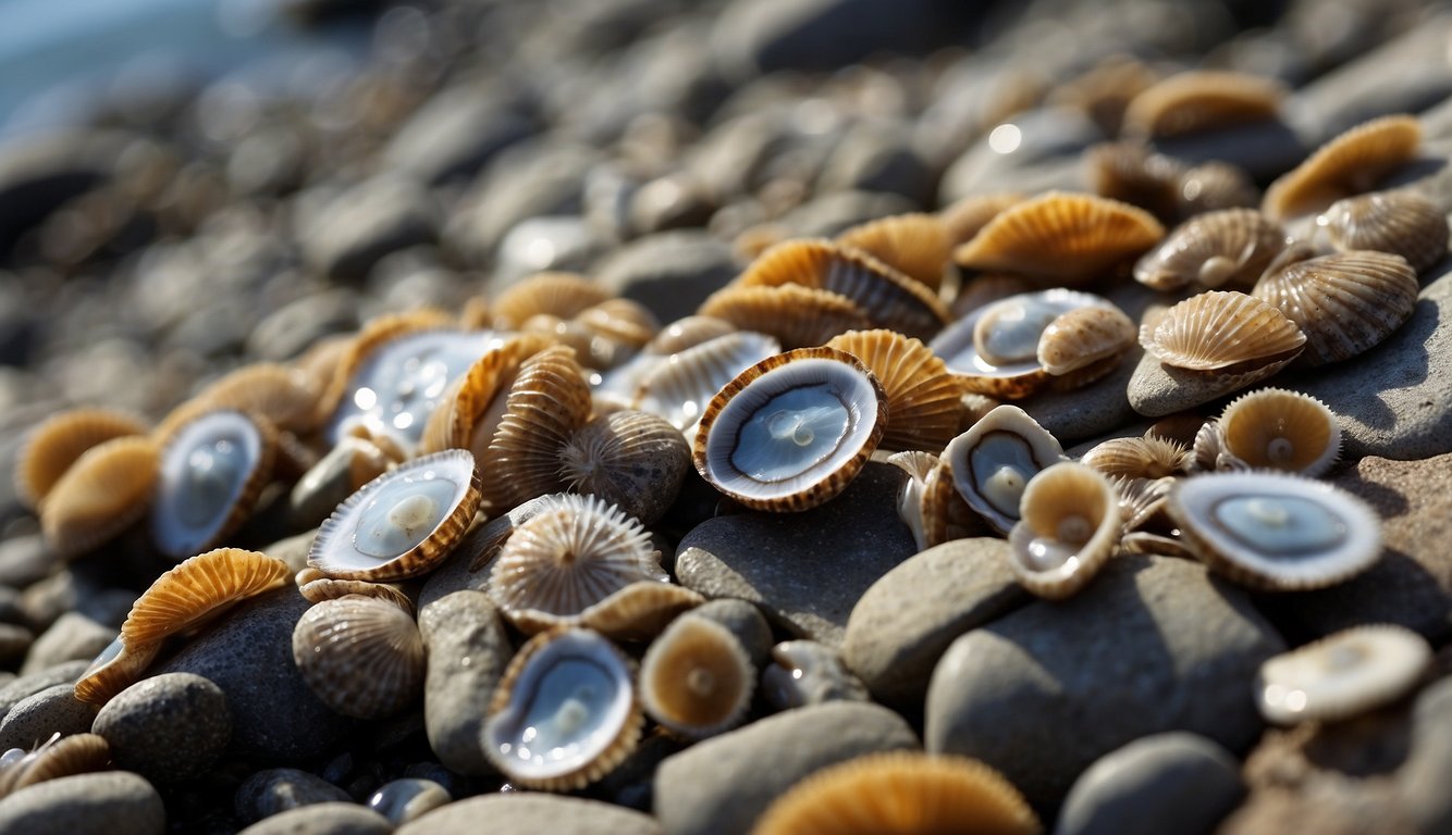 Limpets and chitons cling to rocky shore, blending with texture.

Waves crash around them, but they hold fast, using their shell-like armor to survive