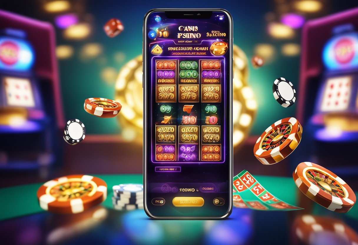 Colorful mobile casino app with bonus pop-ups and promotions
