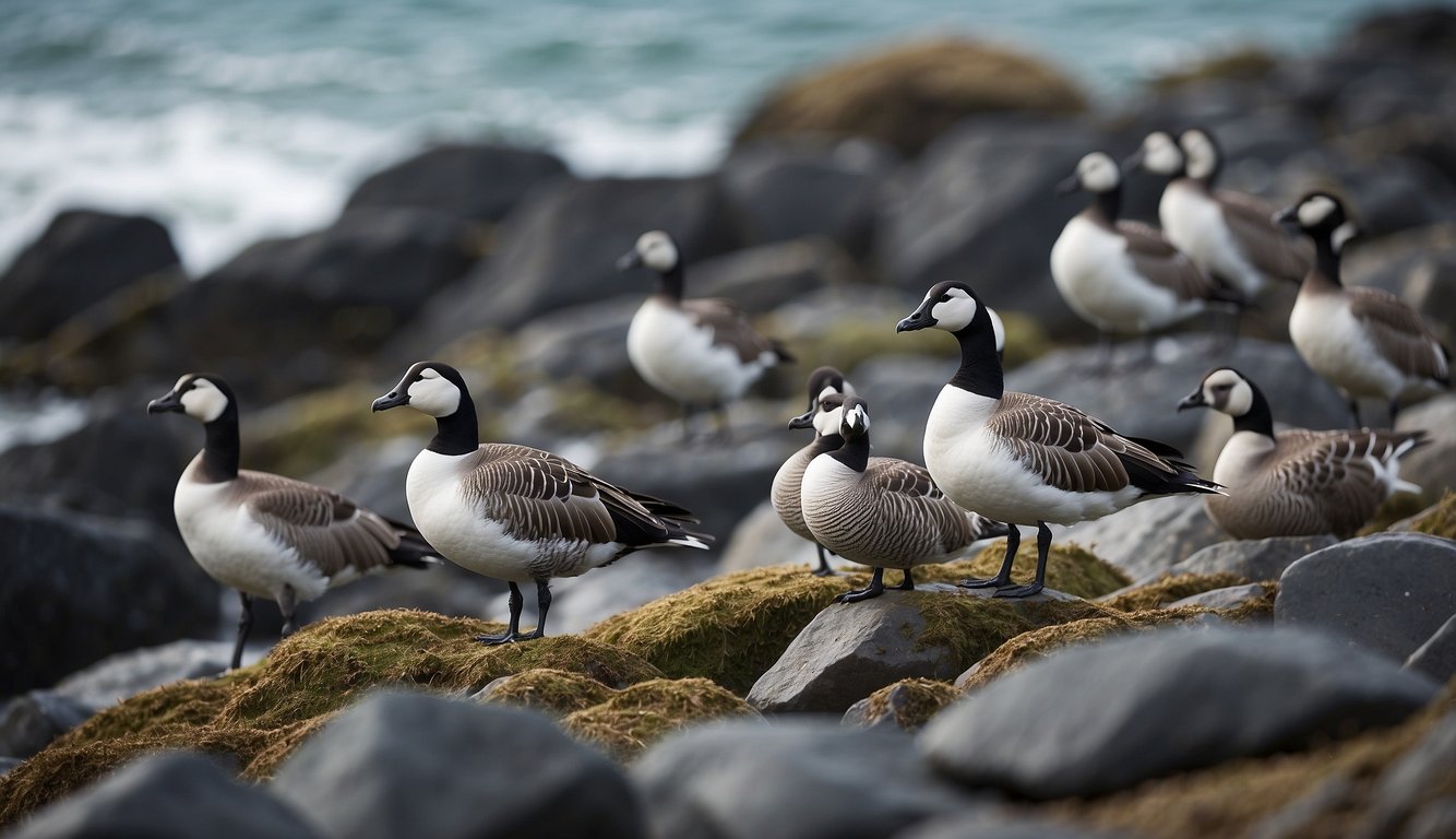 A flock of barnacle geese grazes on a rocky shoreline, surrounded by crashing waves and clusters of barnacles clinging to the rocks