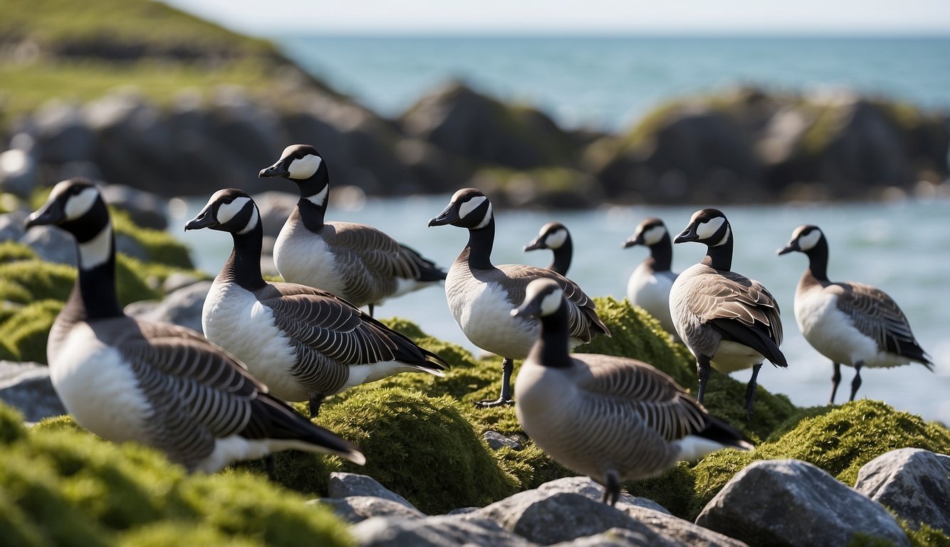 A flock of barnacle geese gathers on rocky shore, pecking at algae-covered rocks.

Waves crash in the background as they search for food