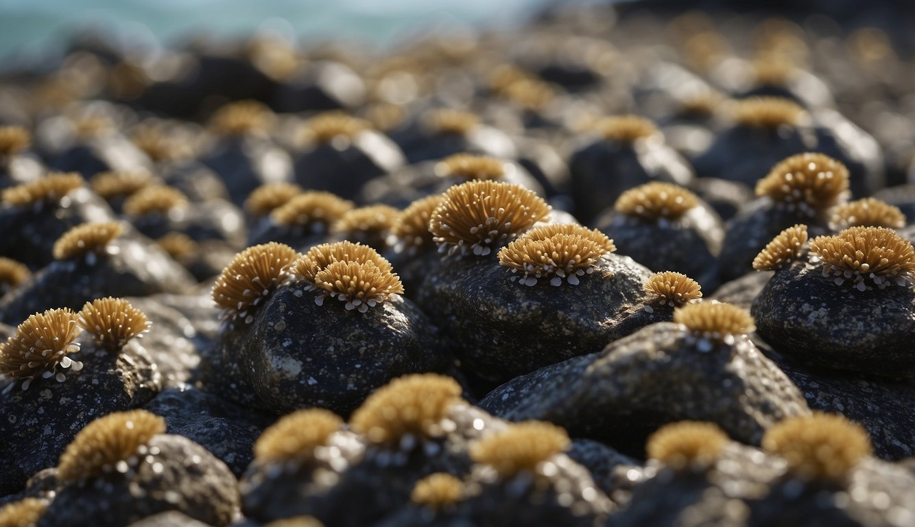 Barnacles mating in a crowded colony on a rocky shore, with some individuals engaging in unique reproductive behaviors