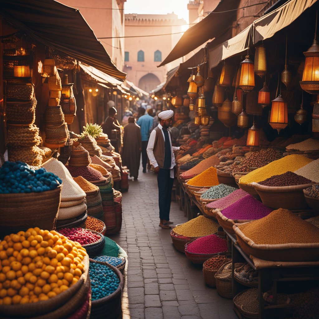 Colorful market stalls line the bustling streets of Marrakech, with vibrant textiles, spices, and trinkets on display. The warm sun casts a golden glow over the scene, creating a lively and inviting atmosphere for visitors
