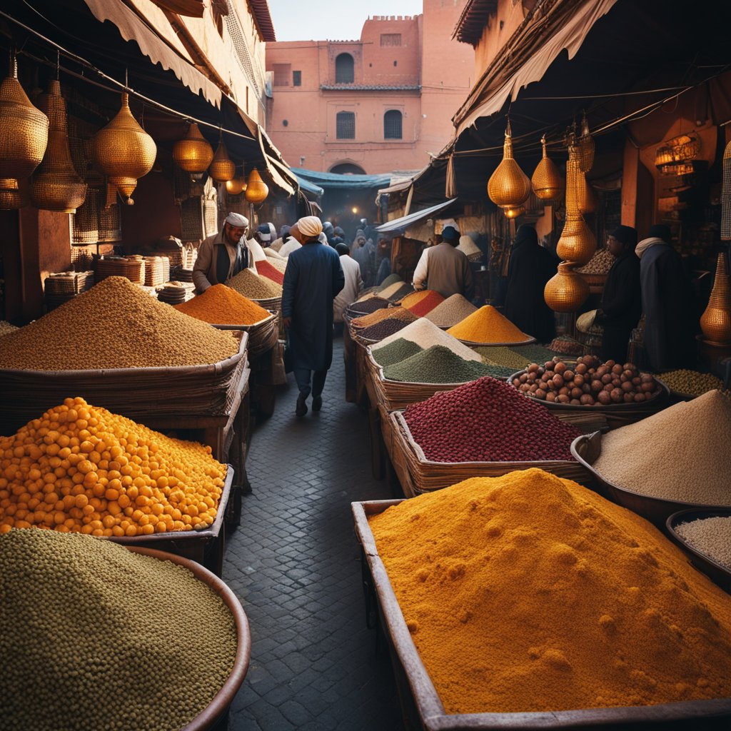 A colorful market in Marrakech, bustling with vendors and shoppers. The air is filled with the scent of spices and the sound of bargaining. The vibrant atmosphere is enhanced by the traditional architecture and bustling street life