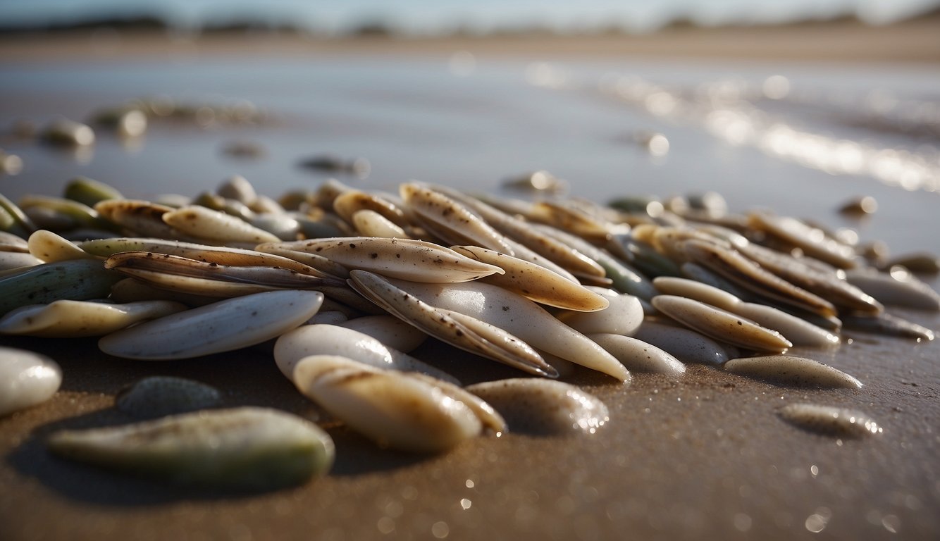 A group of razor clams buried in the wet sand, with water lapping at the shore and seagulls circling overhead