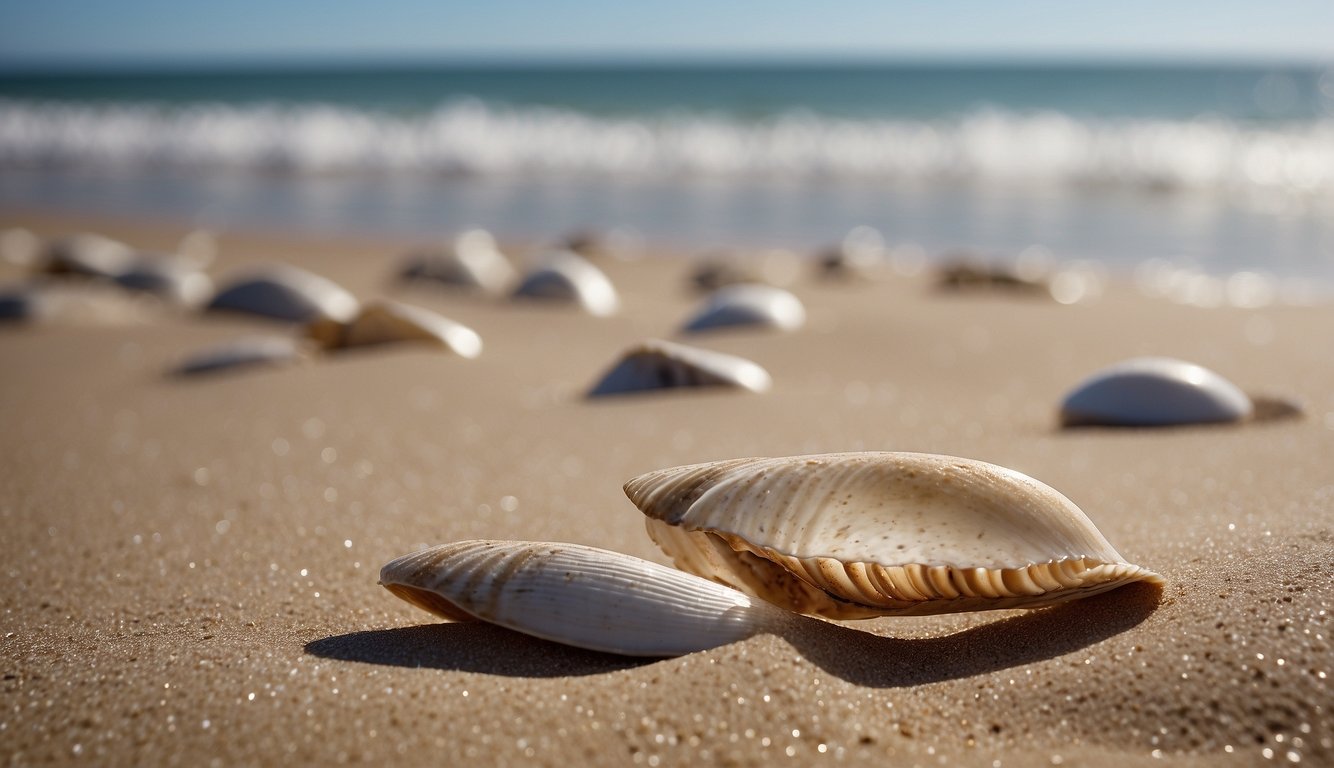 A sandy beach with waves crashing in the background, and a row of razor clam shells partially buried in the sand, peeking out from their hiding spots