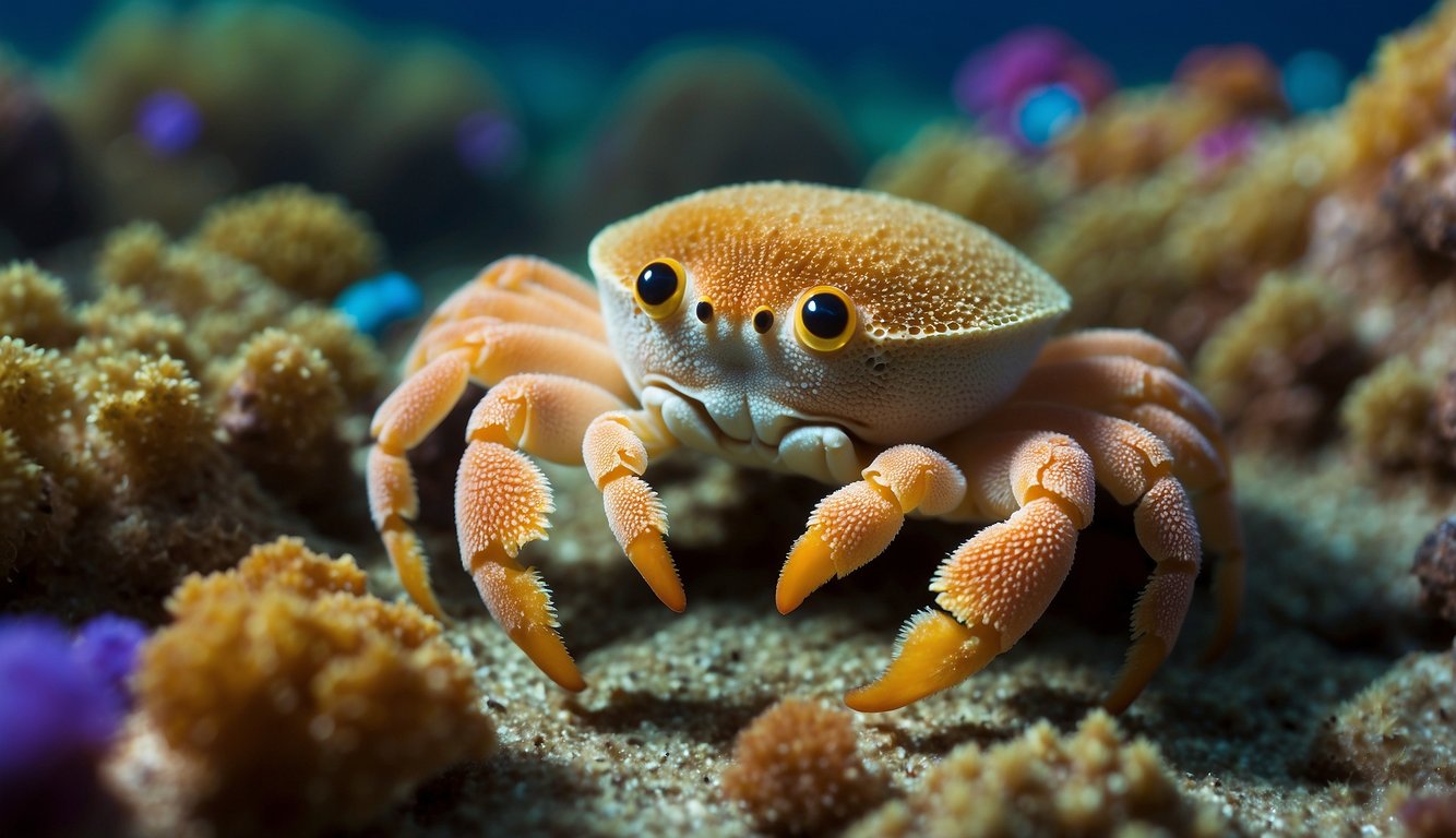 Sponge crabs scuttle across the ocean floor, blending seamlessly with their surroundings.

Their bodies are covered in colorful sponges, providing perfect camouflage