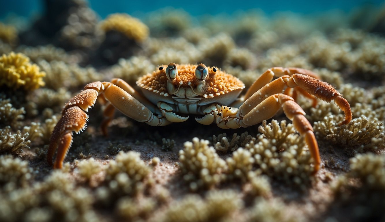 A sandy ocean floor with sponge-covered crabs blending in, surrounded by coral and seaweed