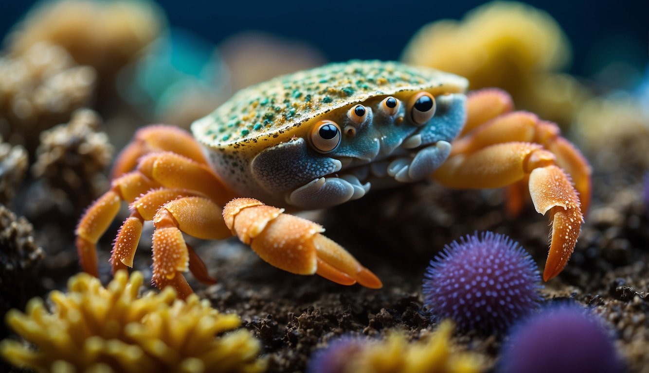 Sponge crabs blend seamlessly into their surroundings, their bodies covered in colorful sponges.

They move with purpose, their legs resembling the vibrant marine life around them