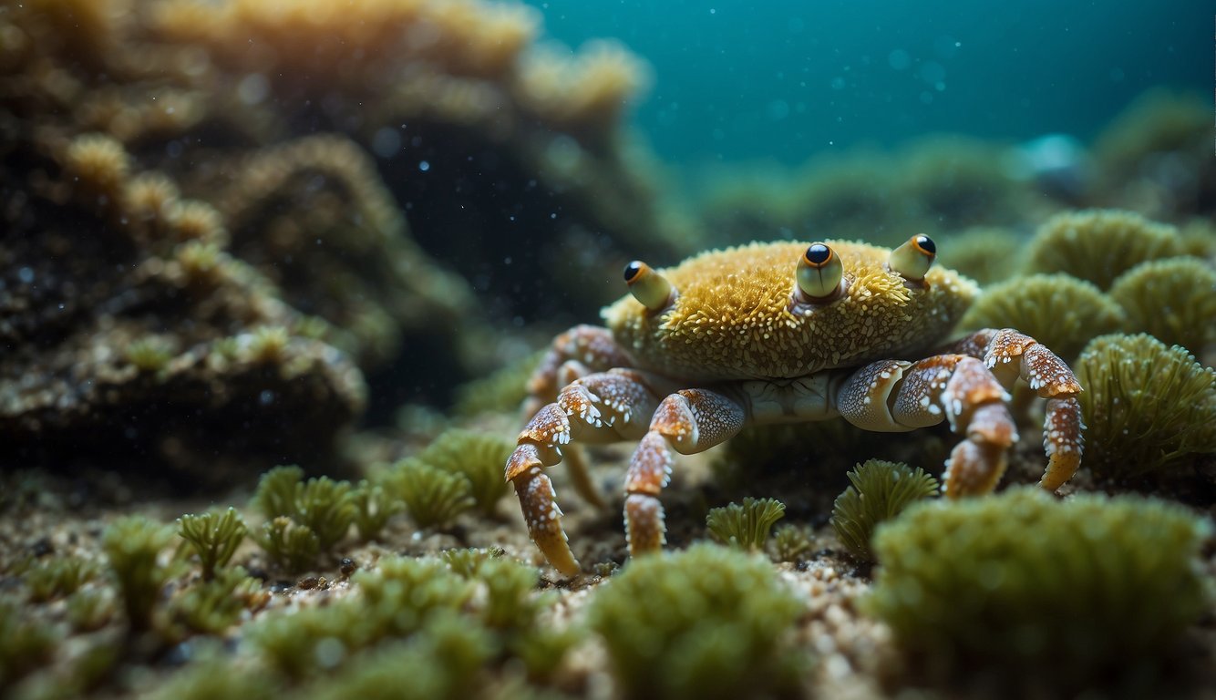 A group of sponge crabs blend into their surroundings as they walk along the ocean floor, their bodies covered in sponges and algae