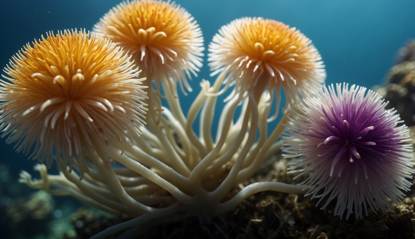 Vibrant sea anemones sway gently in the current, their delicate tentacles reaching out and swaying with the rhythm of the ocean