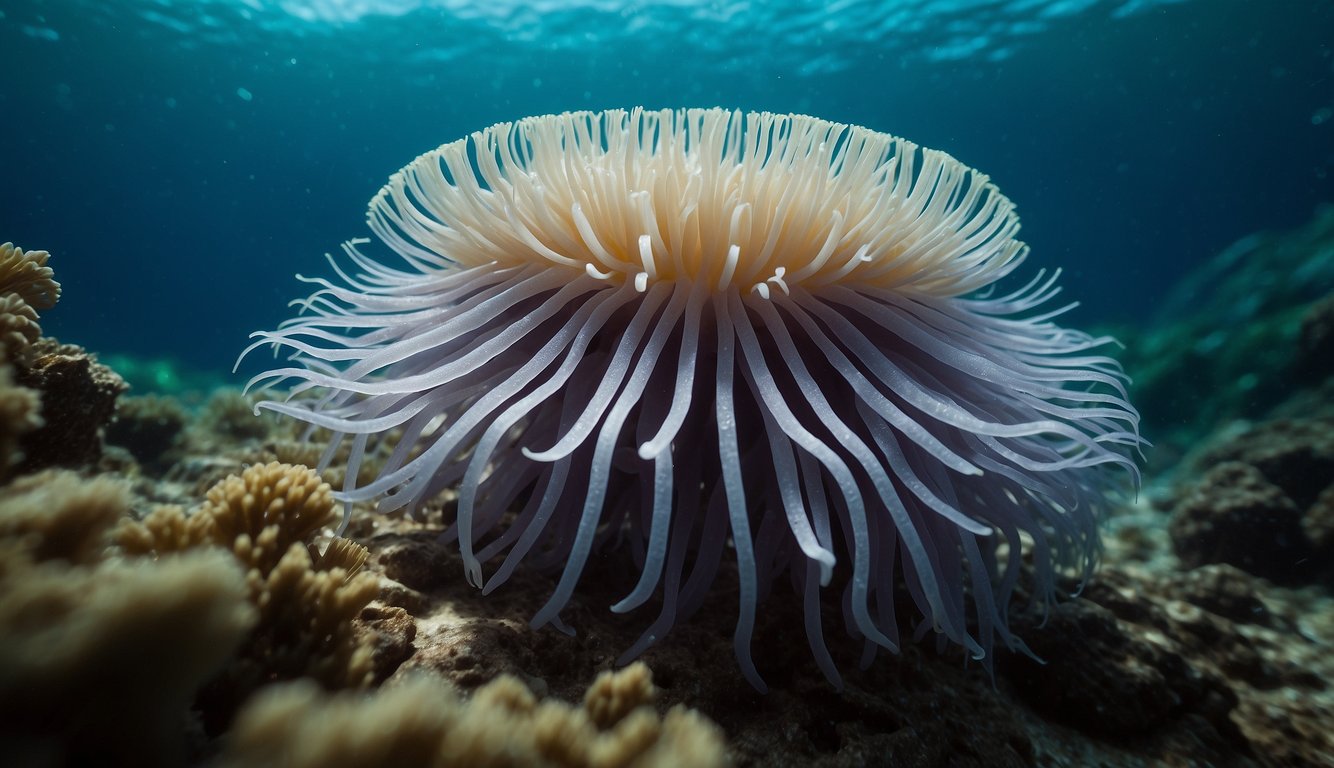 The sea anemones sway gently in the ocean currents, their vibrant tentacles reaching out to capture passing prey