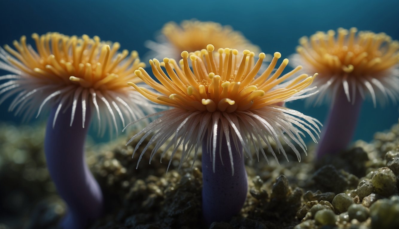 Vibrant sea anemones sway in the gentle current, their tentacles gracefully reaching out and swaying with the rhythm of the ocean