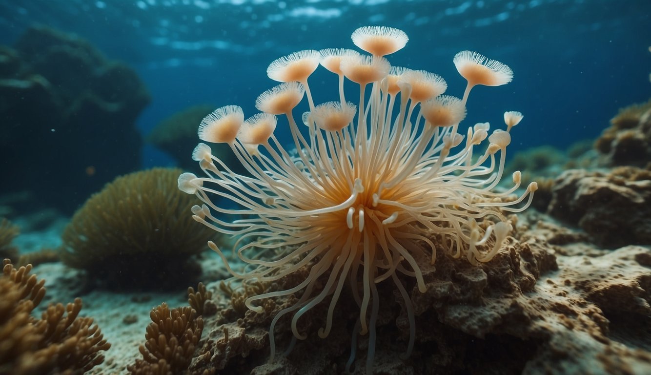 Sea anemones sway gently in the ocean current, their colorful tentacles reaching out like delicate fingers, creating a beautiful and mesmerizing underwater display