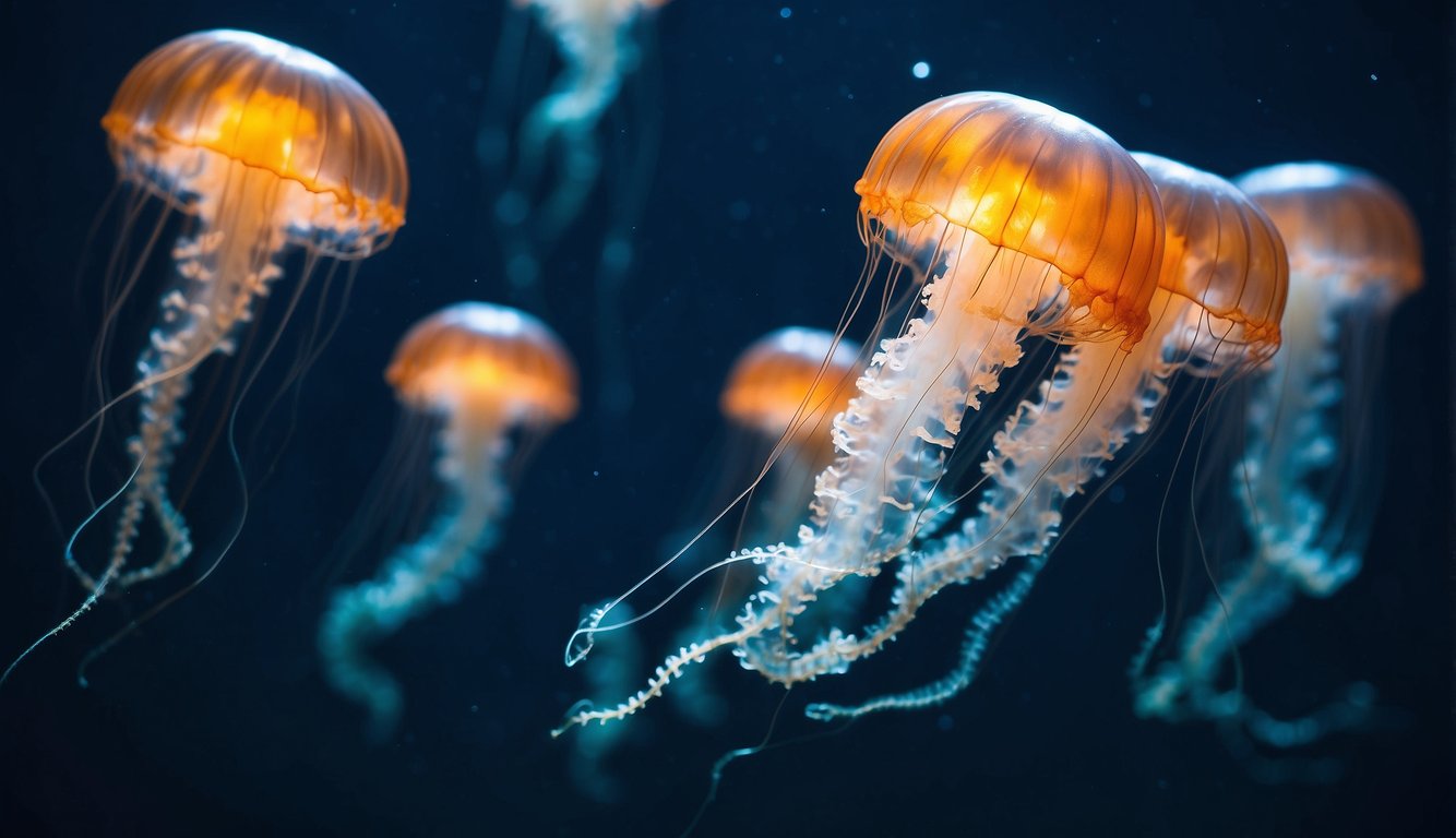 Glowing jellyfish gracefully drift through the ocean, their translucent bodies pulsating with bioluminescent light.

The water shimmers with their ethereal beauty