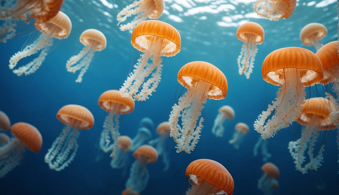 A mesmerizing array of jellyfish of various colors and sizes, gracefully drifting through the clear blue waters of the ocean