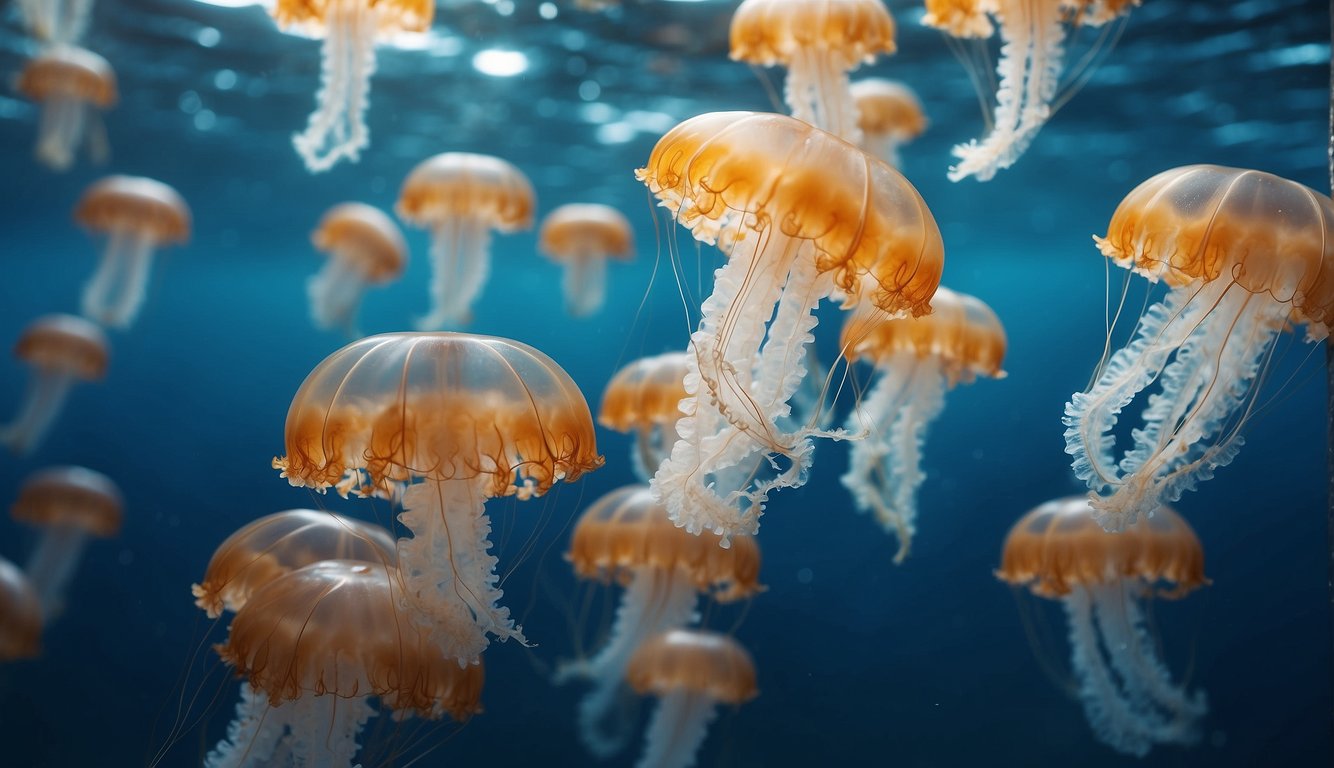 A group of jellyfish gracefully drift through the clear blue waters, their translucent bodies glowing with iridescent colors, creating a mesmerizing display of beauty and grace